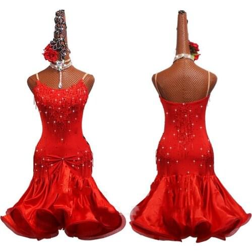 Red Embroidered Latin Dance Skirt Competition Costumes Adult Female Tassel Latin Dance Dress Performance Clothing Fishbone Skirt
