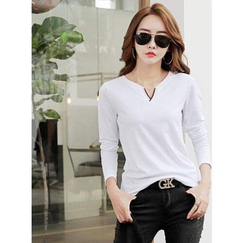 T Shirt Women Tee Tops2019 New Autumn 95% Cotton Long Sleeve V Neck Female T-Shirt White Casual Basic Classic Clothes