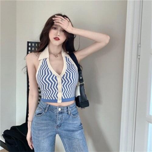 Women Sexy Halter Neck Tank Tops Retro Striped Backless short sleeveless knitted shirt V neck knitwear summer