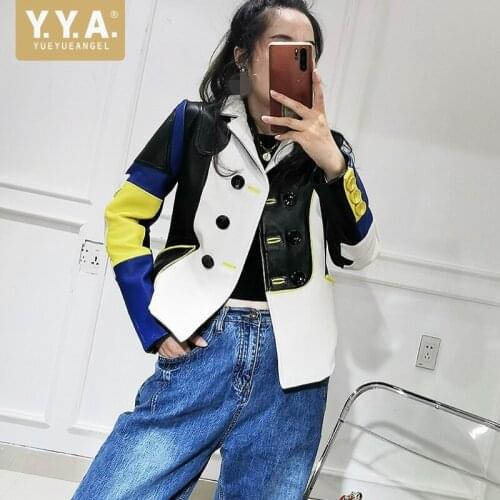 High Quality Mixed Colors Womens Genuine Leather Jacket Short Slim Fit Turn-Down Collar Spliced High Street Sheepskin Outerwear