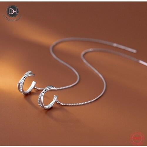 Dreamhonor 100% 925 Sterling Silver Cubic Zircon Long Chain Cross Clip Earrings For Women Fine Jewelry