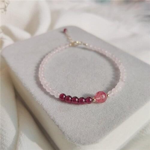 Natural Stone Pink Crystal Bracelet for Women Girls Rose Quartz Strawberry Quartz 14K Gold Filled Bangle Charm Jewelry Gift