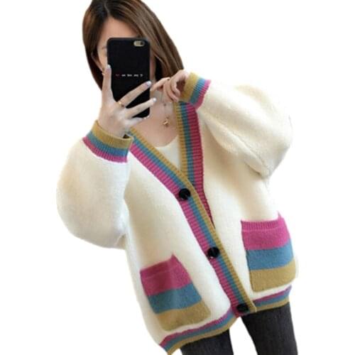 Spring Autumn New Korean Patchwork Knitted Sweater Women 3 Color Knit Tops Loose Long Sleeve Big Pocket Knitting Cardigan Female