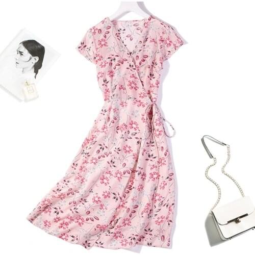 Womens 100% Pure Silk Cap Sleeve Two Layers Pink Floral Long Wrap Dress M L XL JN504