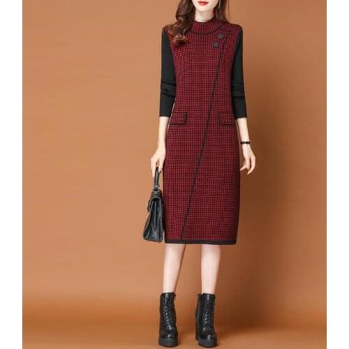 Half High Neck Knitted Dress Winter Long Over The Knee Fashion Bottoming Shirt Korean Classic Plaid Can't Afford The Ball Skirt