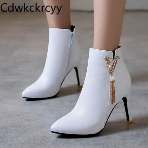 Winter The New fashion Pointed Fine heel 8CM Martin boots white Rhinestone Plus cashmere Keep warm High heel Women boots 34-48