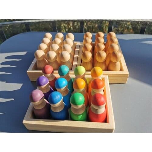 12pcs Baby Wooden Toys Rainbow Color Sort BassWood Dolls/ Matte Finish Pegdoll in Tray Blocks for kids Montessori Play