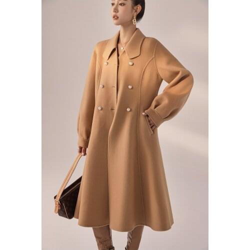 2021 Autumn and Winter New Double-sided Tweed Coat Medium Length Lapel Double Row Button Show Temperament Tweed Coat Women