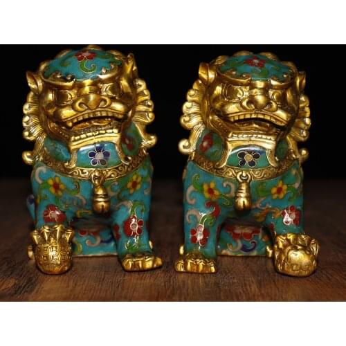 5"Tibet Temple Collection Old Bronze Cloisonne Enamel Lucky Lion Statue A pair Gatekeeper lion Town House Exorcism