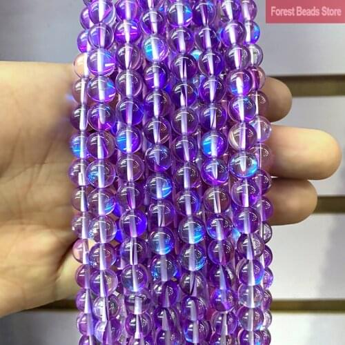 Purple Austria Crystal Synthetic Glitter Moon Stone Round Beads DIY Bracelet Necklace for Jewelry Making 15" Strand 6 8 10 12MM