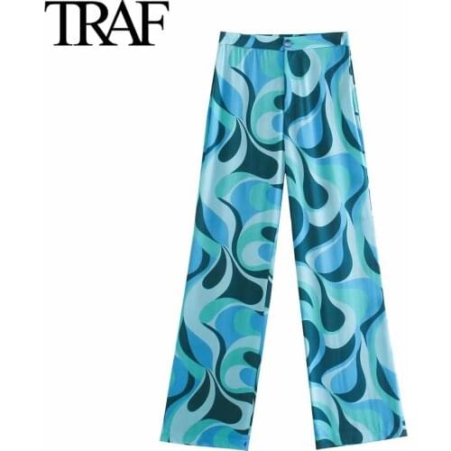Traf Za Women Clothing Korean Fashion High Waist Wide Leg Pants Vintage Zipper Printed Office Lady Trousers Mujer