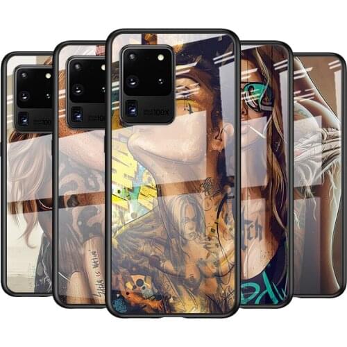 Tempered Glass Cover Sexy Sleeve Tattoo Girl For Samsung Galaxy S21 Ultra Plus 5G M51 M31 M21 Shockproof Shell Phone Case