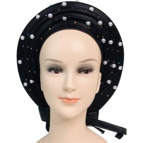 Black African Auto Gele Aso Oke Headties With Beads Muslim Turban Caps Nigerian Wedding Gele Ready to Wear