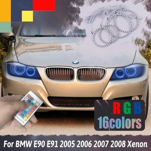For BMW 3 Series E90 E91 05-08 Xenon Headlights Daytime Running Light DRL Angel Eyes LED RGB Multi-color Headlight Halo Ring Kit