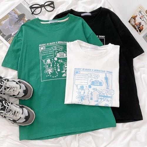 Cute simple graffiti print white green loose casual all-match short-sleeved T-shirt