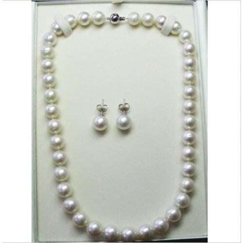 Classic sets of 10-11mm round south sea white pearl necklace earring