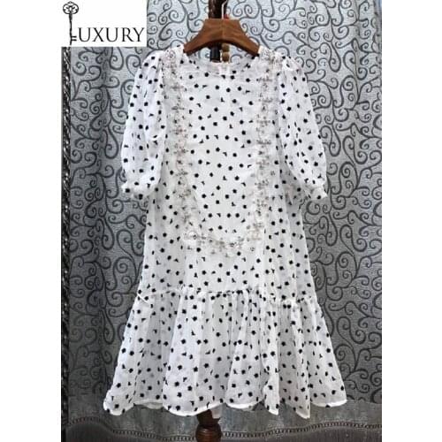 Fashion 100%Silk Summer 2020 Style Women Elegant Little Flower Print Appliques Lace Embroidery Deco White Black Dress