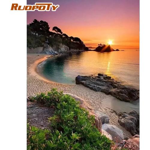 RUOPOTY Frame Diy Painting By Numbers Sunset Seaside Acrylic Canvas Painting Landscape Modern Wall Art Picture Diy Gift 60x75cm