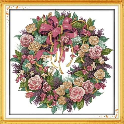 NKF A Wreath of Roses Patterns Needlework Painting Cross Stitch Embroidery Kit Cross Craft Cross Stitch for Home Decor