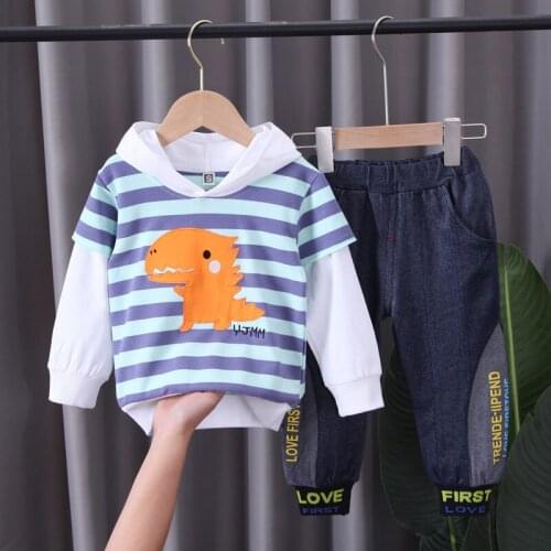 New 2021 Spring Autumn Children Clothes Baby Boys Girls Strips Cartoon Hppdies Jeans Pants 2Pcs/Set Kids Infant Clothing Toddler