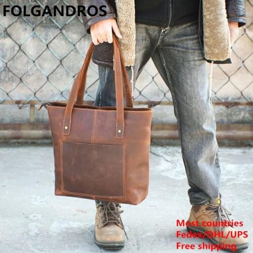 2021 New Spring Vintage Genuine Leather Handbag Unisex Large Capacity Tote Soft Cowhide Men Classic Brand Handmade Shoulder Bag