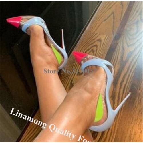 Linamong Newest Brand Pointed Toe Patchwork PVC Stiletto Heel Pumps Mixed-colors Transparent High Heels Formal Dress Shoes