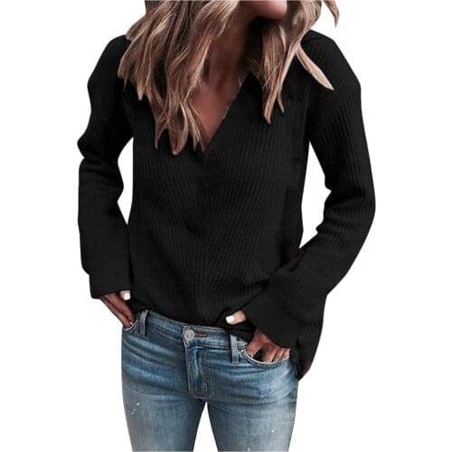Solid Color Womens Pullovers V Neck Loose Solid Color Long Sleeve Sweaters Office Lady Vintage Elegant Tops Truien Dames 4