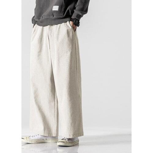 Autumn Winter Chinese Style Mens Loose Cotton Linen Plus Size Stripe Straight Pants Casual Wide Leg Pants Men Japanese Pants