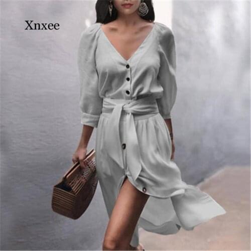 New Summer Women Fashion Dress Ladies Casual Dresses Female Elegant Sexy V-Neck Solid Color High Quality Cotton Vestidos Dress