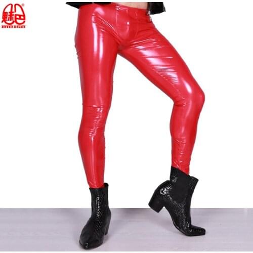 Sexy High Elastic Blue PVC Shiny Pencil Pants Tight Faux Leather Fashion Glossy Punk Pencil Pants Erotic Lingerie Gay Wear F54