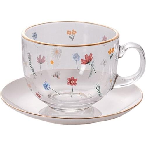 Family Milk Breakfast Office Transparent Cereal Water Cup Large Capacity Daily Use Coffee Glass Mug Tea Cup Set Coaster 470ML