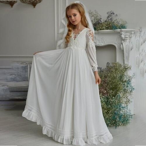 New Boho Flower Girl Dresses Chiffon Long Sleeve Princess Birthday Party Christmas Dress A Line First Communion Gowns
