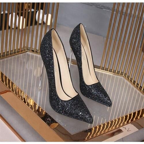 Fetish High Heels Shoes Women Gold-plated Heel 11cm Pumps Wedding Bling Stilettos Shoes 2020 Sexy Big Size 46 Luxury Gold Silver