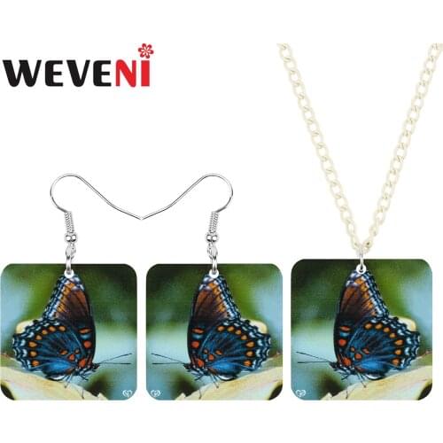WEVENI Acrylic Square Brush-footed Butterfly Jewelry Sets Animal Insect Necklace Earrings For Women Teens Kid Novelty Gift Charm