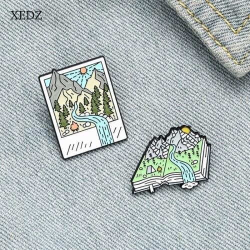 XEDZ Cartoon Mountain Forest Photo Book Enamel Brooch Fashion Landscape Sticker Outdoor Travel Badge Clothing Decoration Gift fo