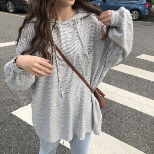 Hoodies Women Korean Spring Autumn Hooded Striped Pockets Oversize Loose Womens Leisure Plain Classic Chic Students Daily New
