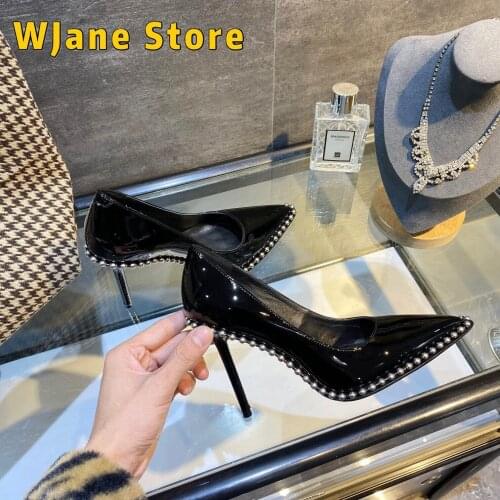 High Heels For Women Black Patent Leather Studded Spikes Pointy Toe Stiletto Stripper Bridal Wedding Shoes Prom Evening Shoes