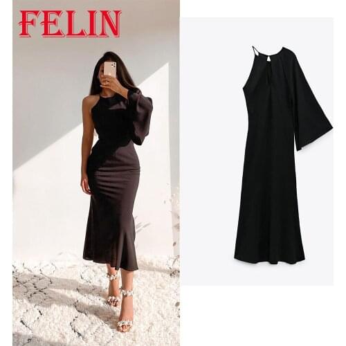 Za 2021 Black Y2k Pleated Women Dress One-Shoulder Party Fashion Autumn Asymmetrical Long Dress Club Elegant Vestidos