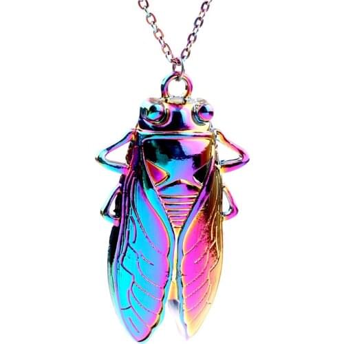 10pcs Rainbow Color Alloy Cicada insect Necklace free Stainless Steel Chain for Women Girl Xmas Party Jewelry gifts