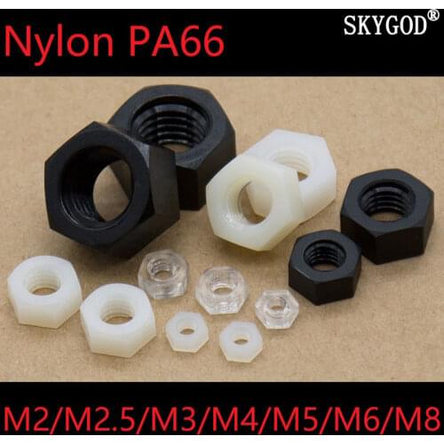 20pcs Plastic Hex Nuts M2 M2.5 M3 M4 M5 M6 M8 Nylon PA66 Heat Insulation Hexagon Lock Nut Thread Bolt Cap Black White Clear