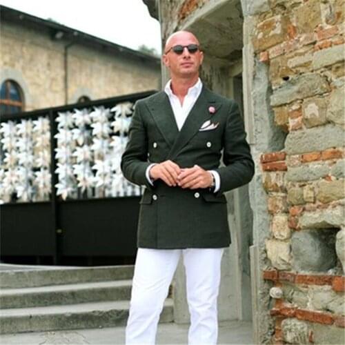 ANNIEBRITNEY Double Breasted Green 2 Piece Slim Men Suit With White Pants Groom Wedding Tuxedo Prom Wedding Business Men Suit