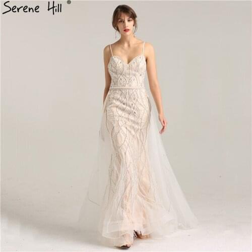 White Nude Fashion Sexy Tulle Evening Dresses Pearls Crystal Backless Mermaid Evening Gown 2020 Real Photo LA6242