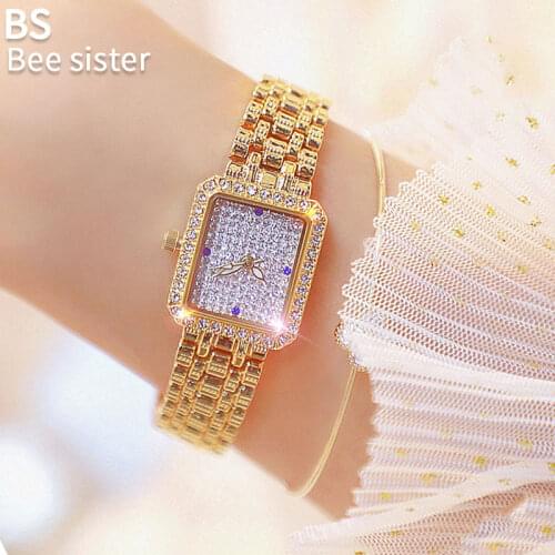 BS Gold Pretty Luxury Watches Womens Fashion Rhinestone Diamond Watch Lady WristWatches Elegant Crystal Small Dial Reloj Mujer