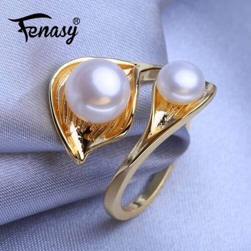FENASY Natural Freshwater Pearl Rings For Women Trendy Double Layered Adjustable Gold Color Ring Female Party Jewelry