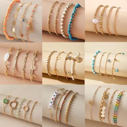 HuaTang 9 Style Boho Multilayer Adjustable Bracelet Set for Women Crystal Star Blue Beaded Shell Charms Female Cuff Jewelry Gift