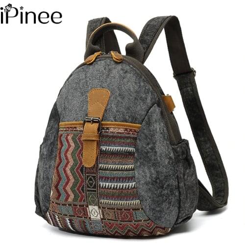 IPinee Women Canvas Backpacks High Quality Female National Pattern Vintage Backpack For Girls School Bag Ladies Travel Bagpack