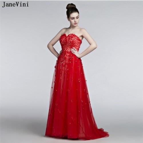 JaneVini Charming Red Tulle Long Bridesmaid Dresses Sweetheart Hand Made Flowers Beaded A Line Formal Prom Gowns for Weddings