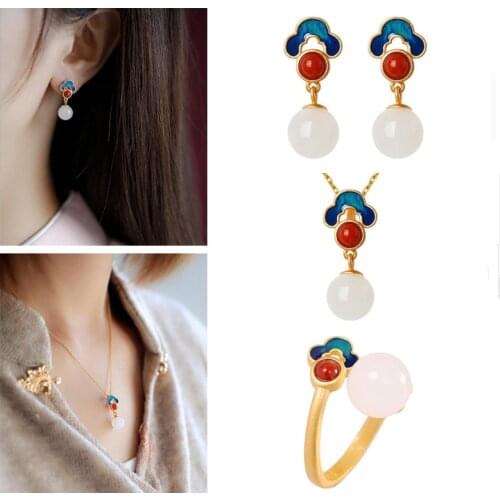 Charms Clouds Jade Pendant Necklace For Women Jewelry Set Trendy 925 Sterling Silver Earrings Rings Girls Valentines Day Gift