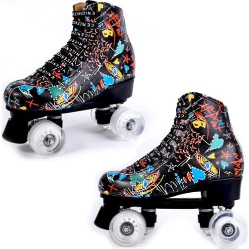 Graffiti Microfiber Roller Skates Double Line Skates Women Men Adult Two Line Skating Shoes with White PU 4 Wheels Training