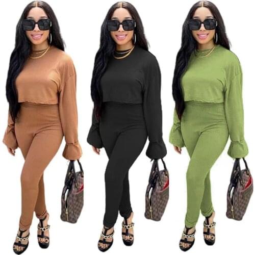 Sexy Flare Sleeve Knitted 2 Pieces Sets Women Solid Tracksuit Long Seeve O Neck Top and Skinny Long Pants Autumn Spring Outfits